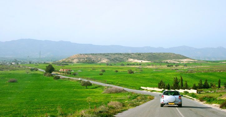 Driving down the countryside in Paphos from the airport