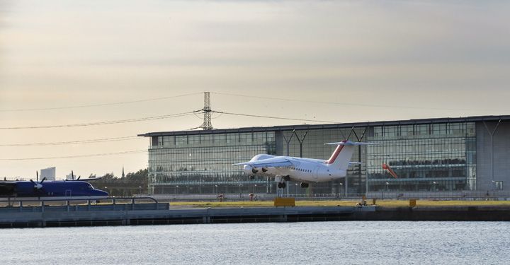 Plane taking off in London City Airport