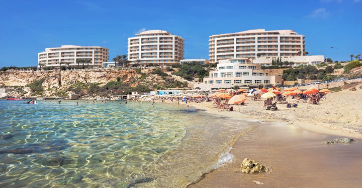 View of hotels in the Golden Bay, Malta