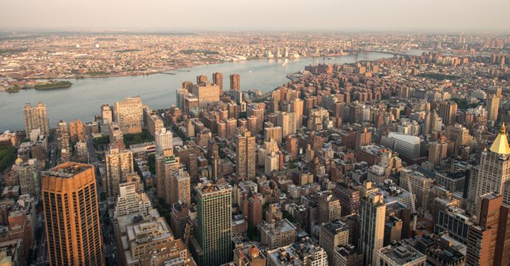 Aerial view over New York as the sun rises